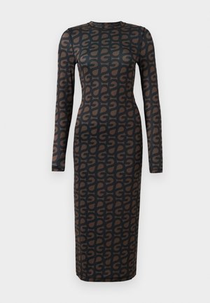Abito nero a maniche lunghe con un motivo geometrico marrone ripetuto, realizzato in un materiale elasticizzato con una silhouette aderente.