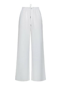 Pantaloni bianchi a gamba larga realizzati in tessuto leggero, con una vita regolabile tramite cordoncino e una sottile texture. Nessun motivo o accento visibile.
