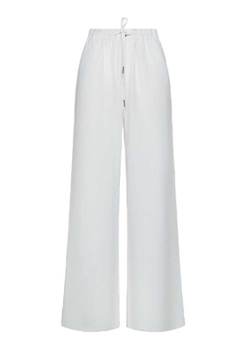 Pantaloni bianchi a gamba larga realizzati in tessuto leggero, con una vita regolabile tramite cordoncino e una sottile texture. Nessun motivo o accento visibile.