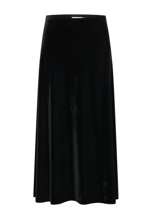 Jupe longue en velours noir avec une texture lisse, présentant une taille ajustée et une silhouette fluide. Pas de motifs ou d'accents visibles.