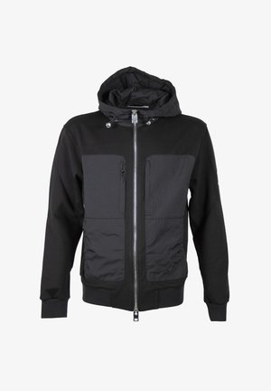 Giacca nera con cerniera e cappuccio, dotata di quattro grandi tasche frontali, coulisse sul cappuccio e polsini e orlo a coste.