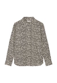 Camicia a maniche lunghe button-up beige con motivo a stampa animale nera. Presenta un colletto e un taglio dritto. Realizzata in tessuto leggero.