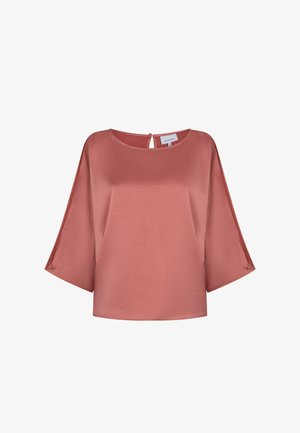 Dusty rose satin blouse with wide elbow-length sleeves, round neckline, and small button details at sleeve ends and back keyhole closure.