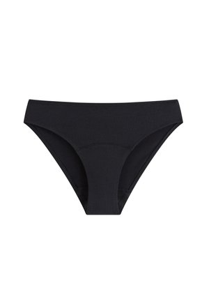 Czarne damskie majtki w stylu bikini z gładkiego materiału o prostym wzorze, pokazane na płasko na białym tle.