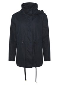 Giacca leggera blu navy realizzata in tessuto resistente all'acqua, caratterizzata da un colletto alto, vita con cordino e maniche lunghe con polsini aperti.