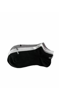 Black and grey ankle socks with white accents, featuring a smooth texture and a logo on the side. Two pairs shown stacked.