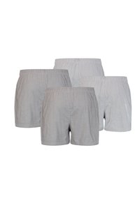 Graue Boxershorts mit elastischem Bund, schlichtem Design und glatter Textur. Vier Paare sind eng zusammen angeordnet.