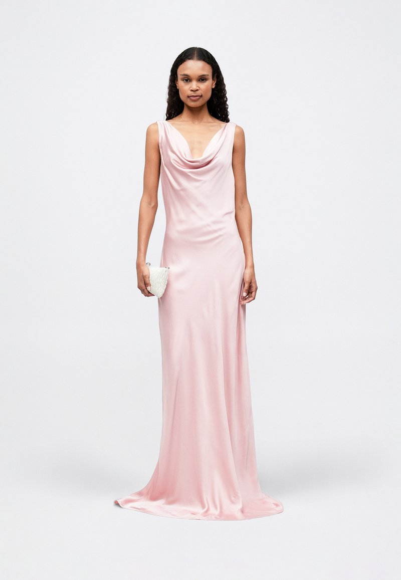 strapless open back dress Eternal Shine Satin Maxi Dress in Baby Pink