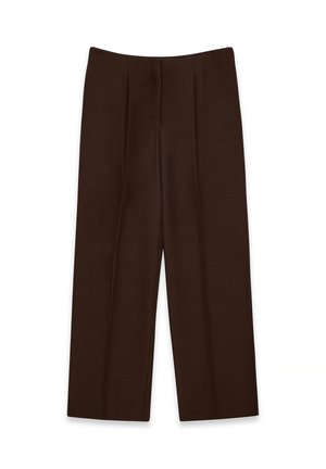 Pantalons marron, sur mesure, avec des plis, coupe large, texture lisse et taille haute, adaptés pour un usage formel ou décontracté.