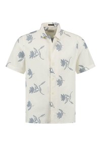 Camicia a maniche corte, con bottoni, realizzata in tessuto beige chiaro, caratterizzata da un motivo floreale blu. Colletto classico e vestibilità rilassata con una finitura texture.