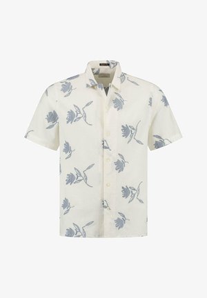 Kurzarm-Hemd mit Knopfleiste aus hellbeigem Stoff, verziert mit einem blauen Blumenmuster. Klassischer Kragen und lockere Passform mit strukturiertem Finish.