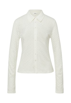 Weißes Langarmhemd mit Knopfleiste aus strukturiertem Lochstickstoffgewebe, spitzem Kragen und taillierter Passform.