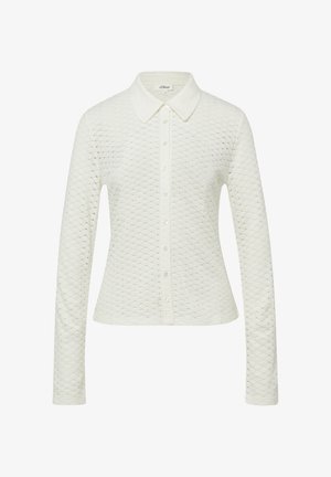 Witte blouse met lange mouwen, knoopsluiting, en geëtste oogjesstof, puntkraag en getailleerde taille.