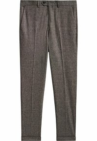 Grau melierte Hose mit maßgeschneiderter Passform, ausgestattet mit zwei Seitentaschen, einem Knopfverschluss und umgeschlagenen Säumen für ein schlankes Erscheinungsbild.