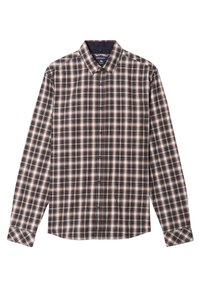 Langarm overhemden in een ruitpatroon met marineblauwe, witte, oranje en tan kleuren. Gemaakt van geweven stof met een gestructureerde kraag.