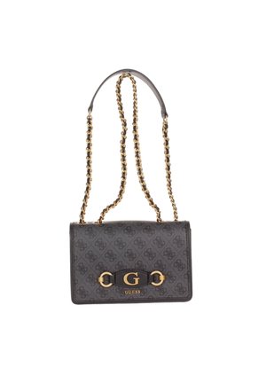 Petit sac à main noir de créateur avec bandoulière chaîne dorée, motif monogramme et fermoir logo "G" doré sur le rabat avant.