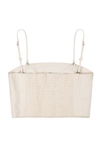 Κοντό τοπ σε κρεμ απόχρωση με λεπτές ρυθμιζόμενες τιράντες και σαπισμένο μπροστινό μέρος, κατασκευασμένο από ελαφρύ ύφασμα.