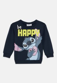 Granatowa bluza z kapturem z grafiką kreskówkowej postaci trzymającej serce oraz napisem „be HAPPY” w jaskrawych żółtych i różowych błyszczących akcentach.