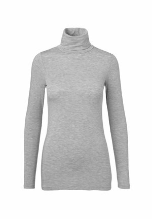 Pull à col roulé gris clair à manches longues, avec une silhouette ajustée et une texture de tissu douce et lisse.