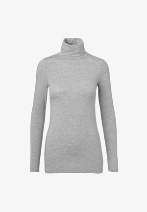 Svetar s turtleneckom svetlosive boje dugih rukava s prilagođenim krojem i mekom, glatkom teksturom tkanine.