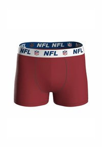 Röda herrboxershorts med vit midja som har upprepat NFL-logotyp och NFL-text i blått och rött.