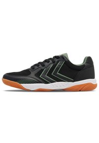 Černé sportovní boty s vrškem z prodyšného a syntetického materiálu, s limetkovými akcenty, gumovou podrážkou a vzorem herringbone.