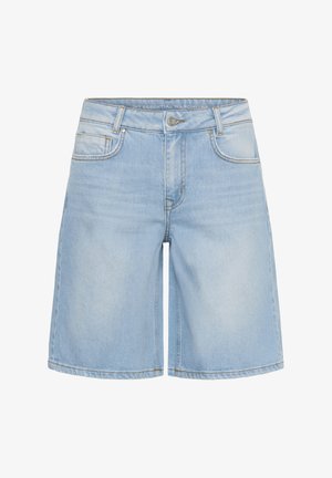 Pantaloncini corti in denim azzurro con bottone frontale, cerniera, passanti per cintura e stile a cinque tasche, mostrati su uno sfondo bianco.
