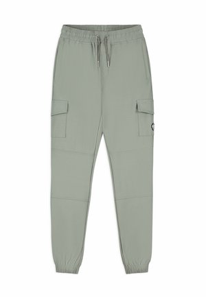 Lichtgroene cargo broek met een elastische tailleband, trekkoordsluiting, twee zijzakken, geribbelde manchetten en een logo-embleem aan de zijkant.
