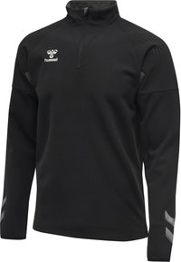 Pullover sportivo nero con colletto a zip a un quarto, motivo testurizzato e accenti a chevron grigi sulle maniche. Presenta un logo sul petto.