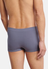 Grå boxershorts lavet af blødt stof, med en tætsiddende pasform og en glat, elastisk talje. Minimalistisk design uden synlige mønstre.