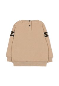 Felpa beige a manica lunga con scollo rotondo, caratterizzata da strisce nere sulle maniche e due bottoni neri sulla parte posteriore del collo.