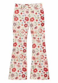 Pantalons évasés avec un fond crème présentant un motif floral en rouge, rose, bleu et vert. Deux boutons à la taille.