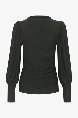 Top nero a maniche lunghe con collo alto, caratterizzato da una texture arricciata sui lati e maniche a sbuffo, realizzato in un tessuto morbido ed elastico.