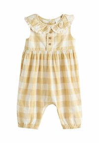 Gelb-weiß kariertes Jumpsuit mit einem Rüschensaum, drei Holzknöpfen an der Vorderseite und elastischen Bündchen an den Knöcheln.