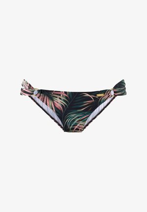 Bikini broekje met een tropisch palmbladpatroon in groen, roze en zwart, met geknoopte zijkanten en details van goudkleurig hardware.