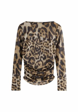 Bruin en beige lange mouw top met een gerimpeld ontwerp en een luipaardprintpatroon, gemaakt van gladde, lichte stof.