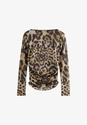 Bruin en beige lange mouw top met een gerimpeld ontwerp en een luipaardprintpatroon, gemaakt van gladde, lichte stof.