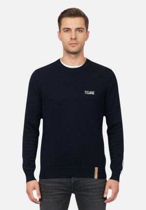 Uomo che indossa un maglione a maniche lunghe di colore blu scuro con un piccolo logo bianco sul petto e jeans grigi, in piedi contro uno sfondo chiaro e uniforme.