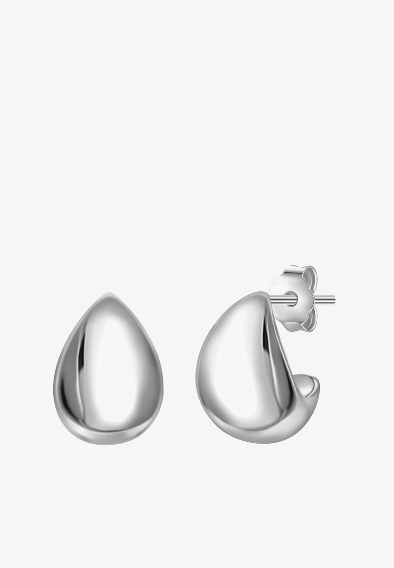 Srebrne uhane v obliki kapljice z lesketajočo se površino in gladko teksturo, z zatičem in zapiranjem s metuljčkom.