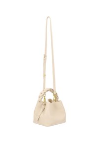 Cream leather handbag with a braided handle, adjustable strap, and gold hardware. Compact bucket shape with a smooth texture.