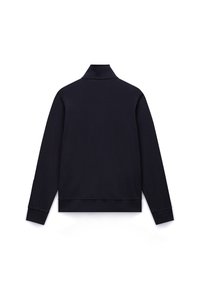 Μπλε ναυτικό πουλόβερ με ψηλό γιακά, μακριά μανίκια, ριμπ μανσέτες και τελείωμα. Κατασκευασμένο από λείο, απαλό ύφασμα.