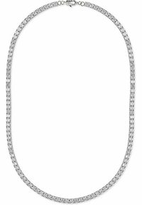 Collana d'argento con un solo filamento di pietre rotonde trasparenti, disposte molto vicine tra loro, con un fermaglio sicuro sul retro.