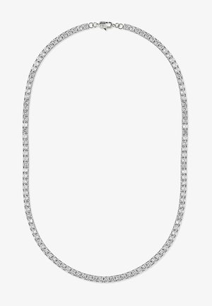 Collana d'argento con un solo filamento di pietre rotonde trasparenti, disposte molto vicine tra loro, con un fermaglio sicuro sul retro.