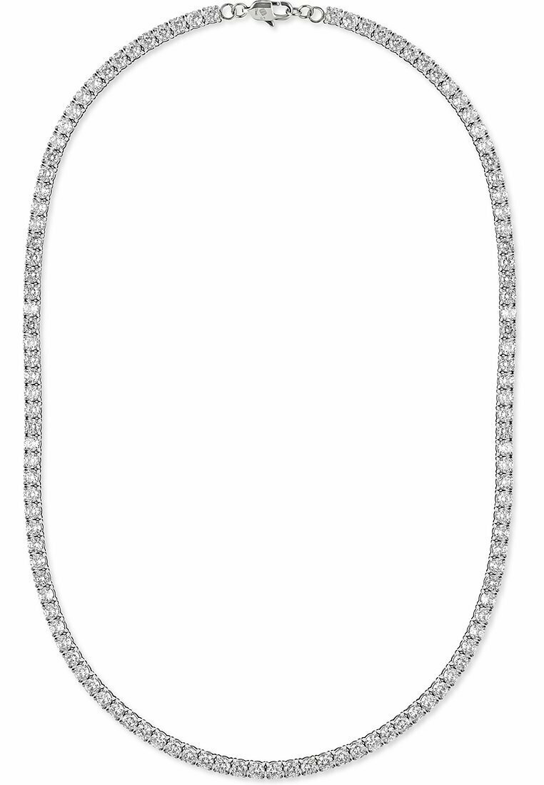 Collana d'argento con un solo filamento di pietre rotonde trasparenti, disposte molto vicine tra loro, con un fermaglio sicuro sul retro.