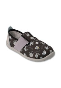 Ciemnobrązowy materiałowy but z nadrukiem rysunkowego robota, z elastycznym pasem ułatwiającym zakładanie, jasnoszara podeszwa i gładka faktura.