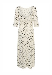 Robe midi couleur crème avec des pois noirs irréguliers, manches trois-quarts, décolleté profond en forme d’arrondi et détails froncés à la taille.