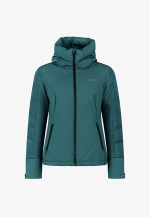 Teal geïsoleerde jas met hoge kraag, ritssluiting aan de voorkant en twee zijzakken. Heeft elastische manchetten en een glanzende textuur.