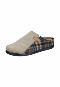 Gray and brown plaid slipper with a felt upper, slip-on design, rounded toe, and textured rubber sole. Features a leather accent tag.