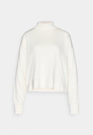 Fehér, bájos nyakú, hosszú ujjú felső, laza fit, esett vállakkal és cropped fazonú hemrésszel, puha, textúrált anyagból készült.