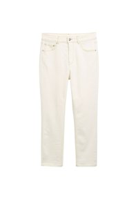 Jeans de mezclilla blanca con un ajuste slim, cintura a media altura, diseño de cinco bolsillos y detalles de costura sutiles en las costuras.